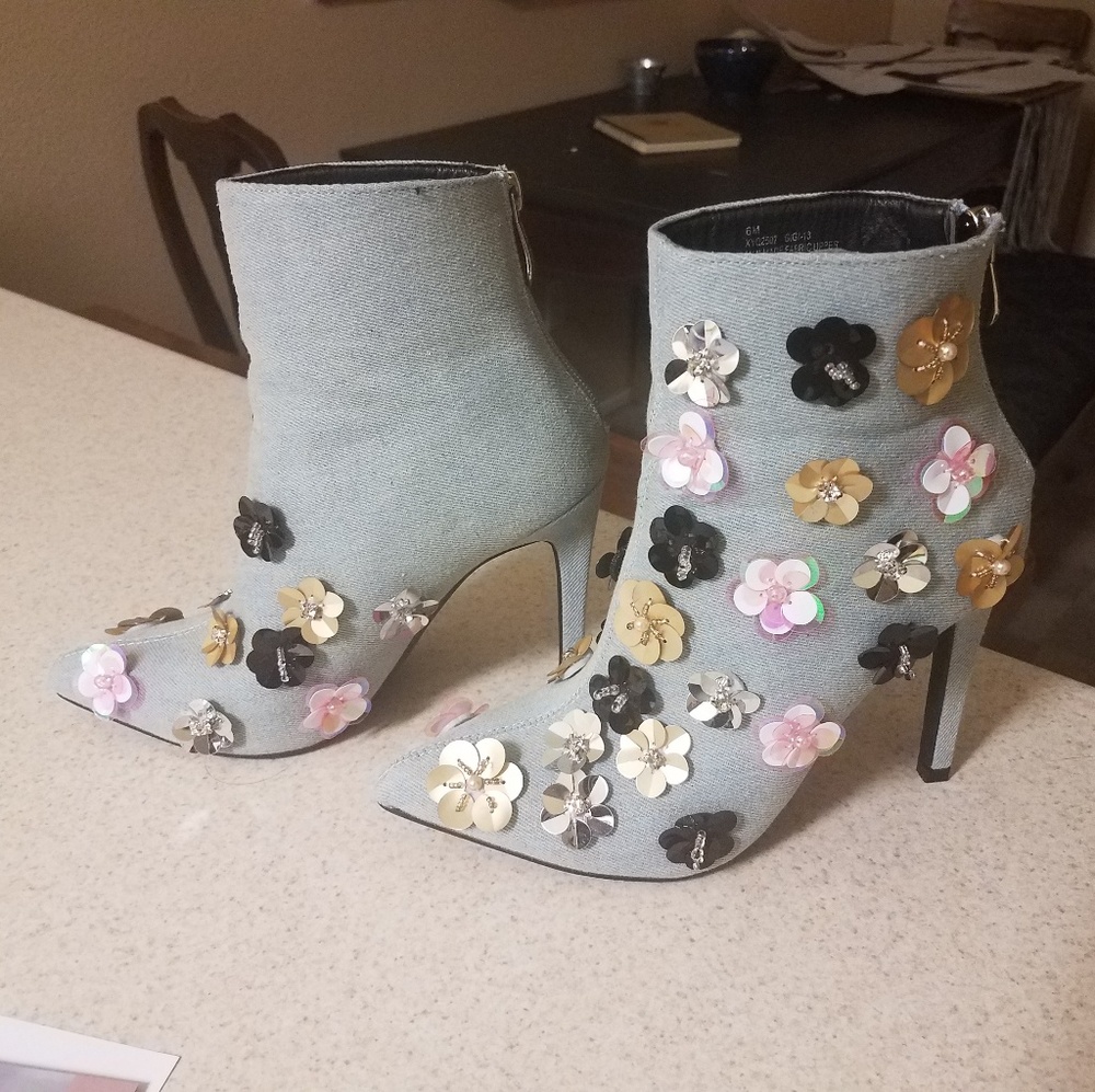 Sequin flowers denim bootie , very Anthropologie